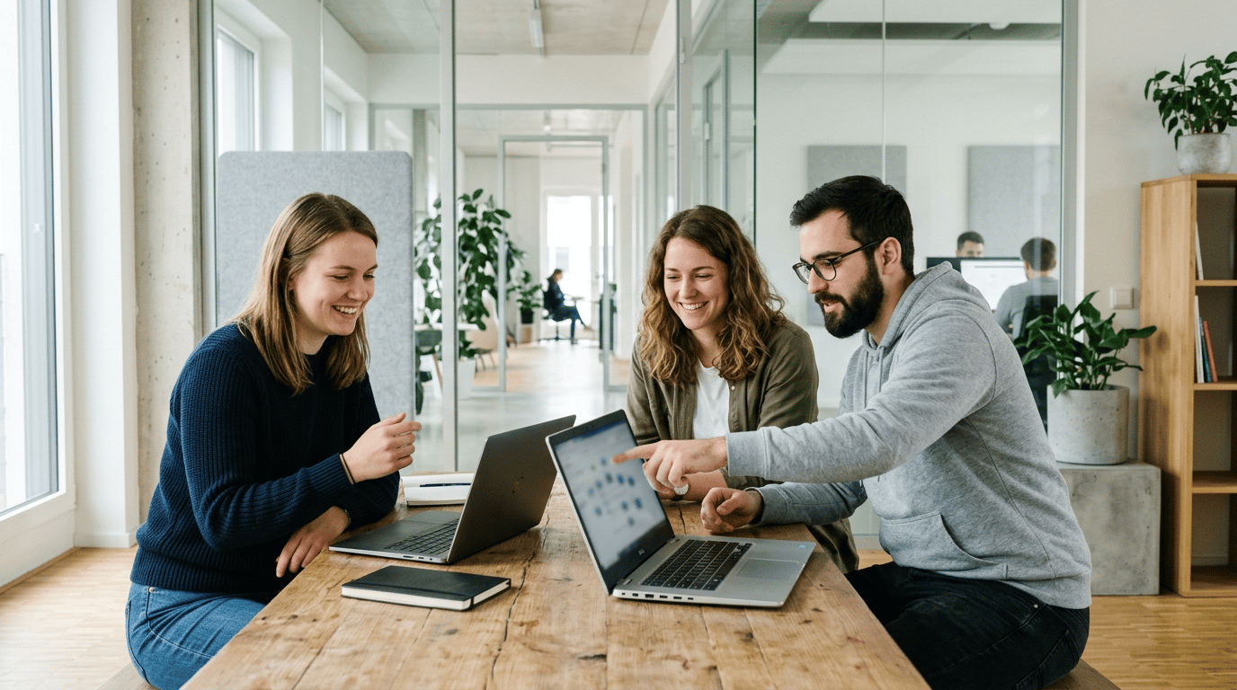 Drei junge Erwachsene an Laptops in einem modernen Büro.